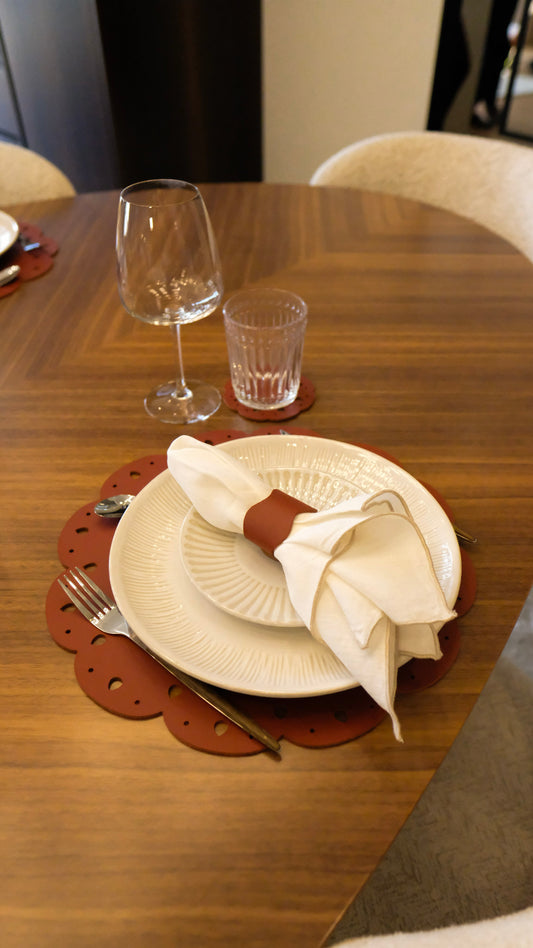 CONJUNTO DE MESA - INDIVIDUAL FLOR + BASE DE COPO + ANEL DE GUARDANAPO - 2 Unidades